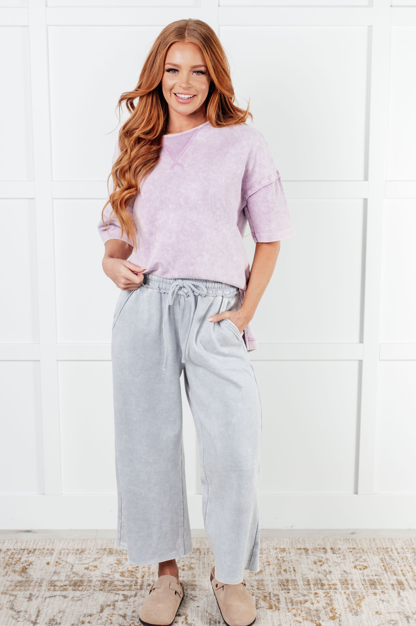 Mineral Wash Wide Leg Cropped Pants, Light Grey