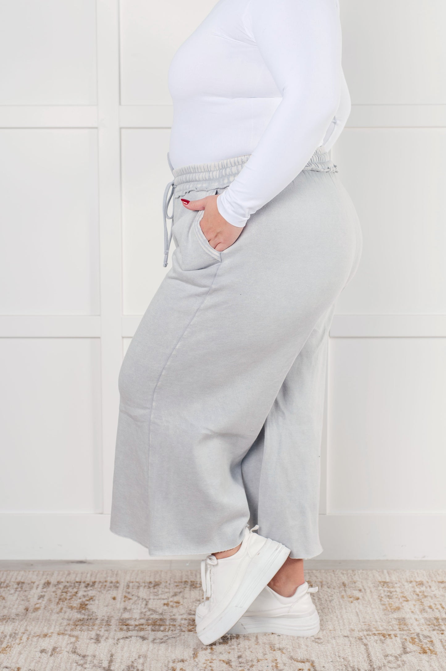 Mineral Wash Wide Leg Cropped Pants, Light Grey