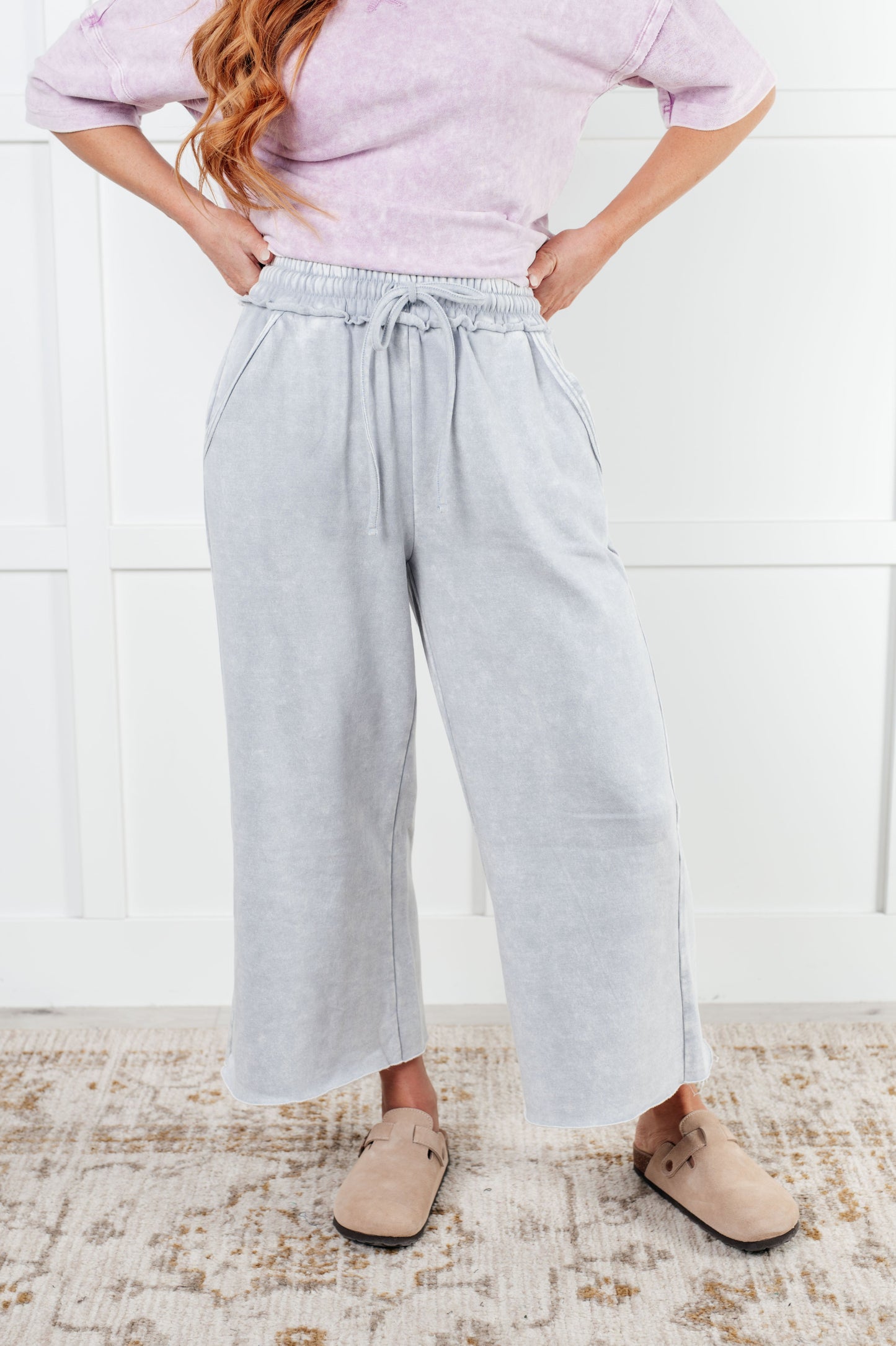 Mineral Wash Wide Leg Cropped Pants, Light Grey