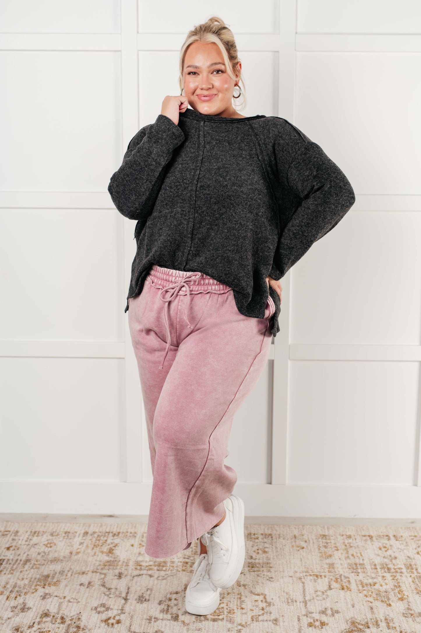 Mineral Wash Wide Leg Cropped Pants, Light Rose