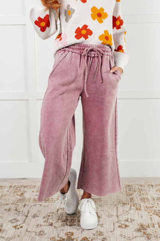 Mineral Wash Wide Leg Cropped Pants, Light Rose