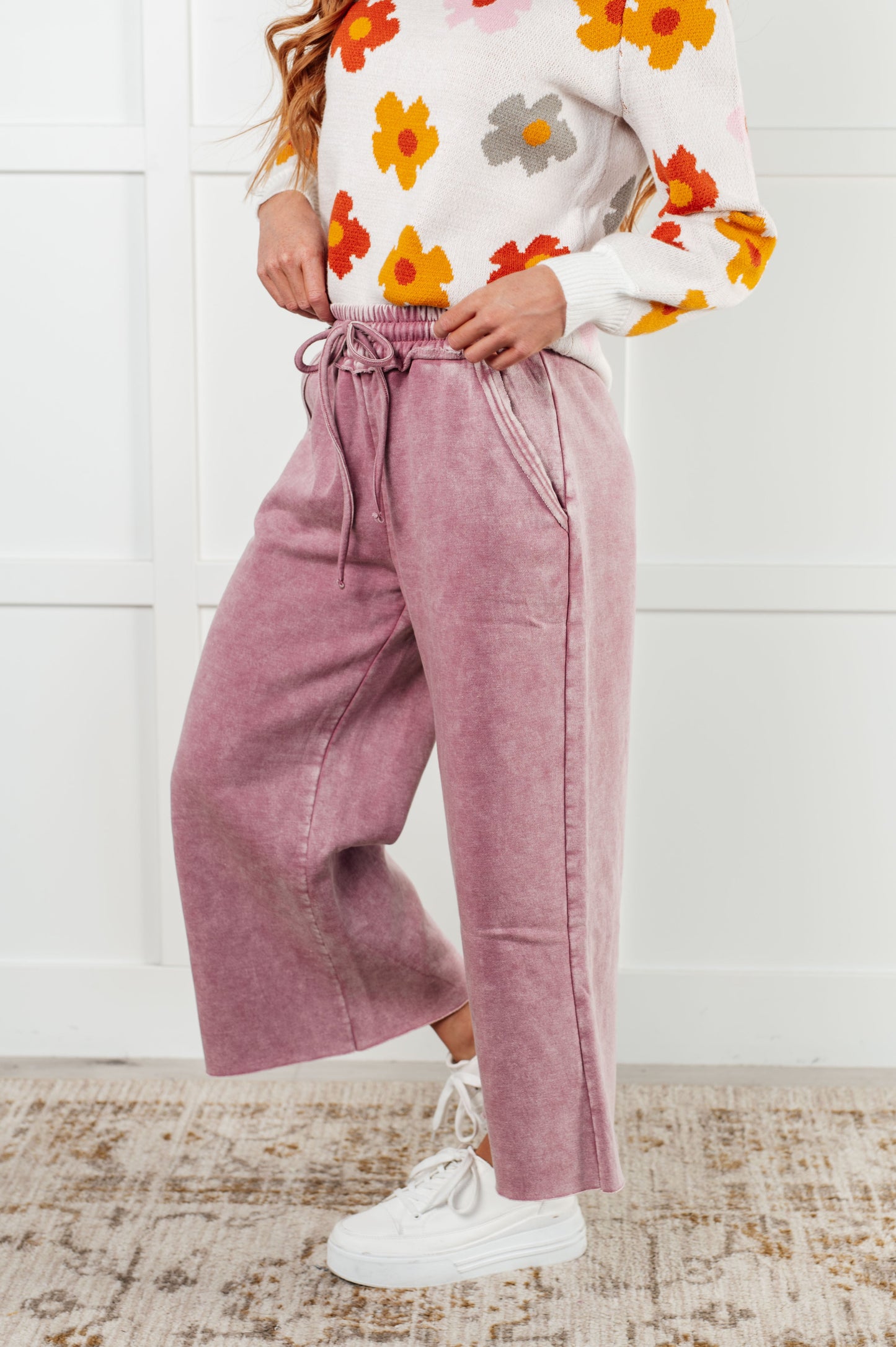 Mineral Wash Wide Leg Cropped Pants, Light Rose