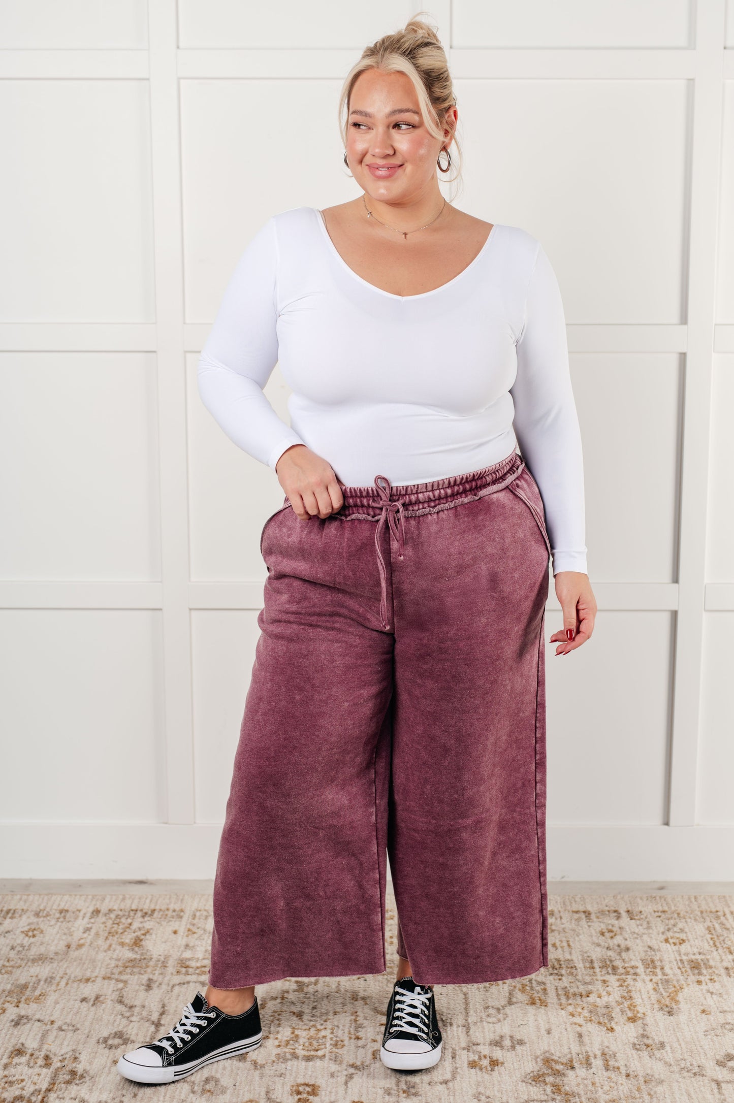 Mineral Wash Wide Leg Cropped Pants, Eggplant