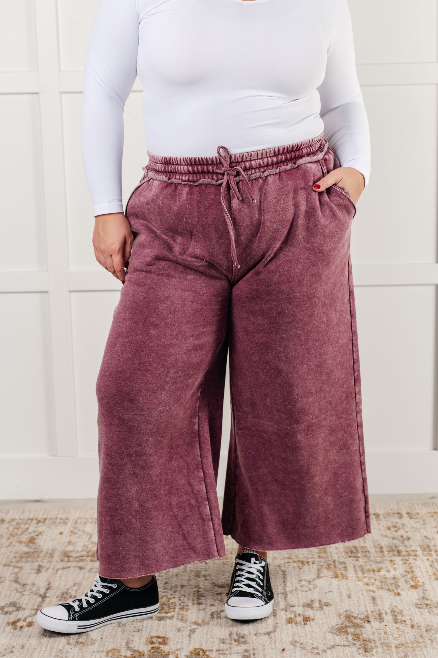 Mineral Wash Wide Leg Cropped Pants, Eggplant