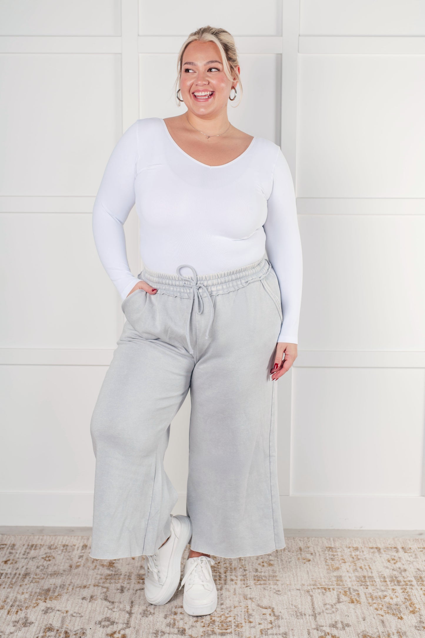 Mineral Wash Wide Leg Cropped Pants, Light Grey