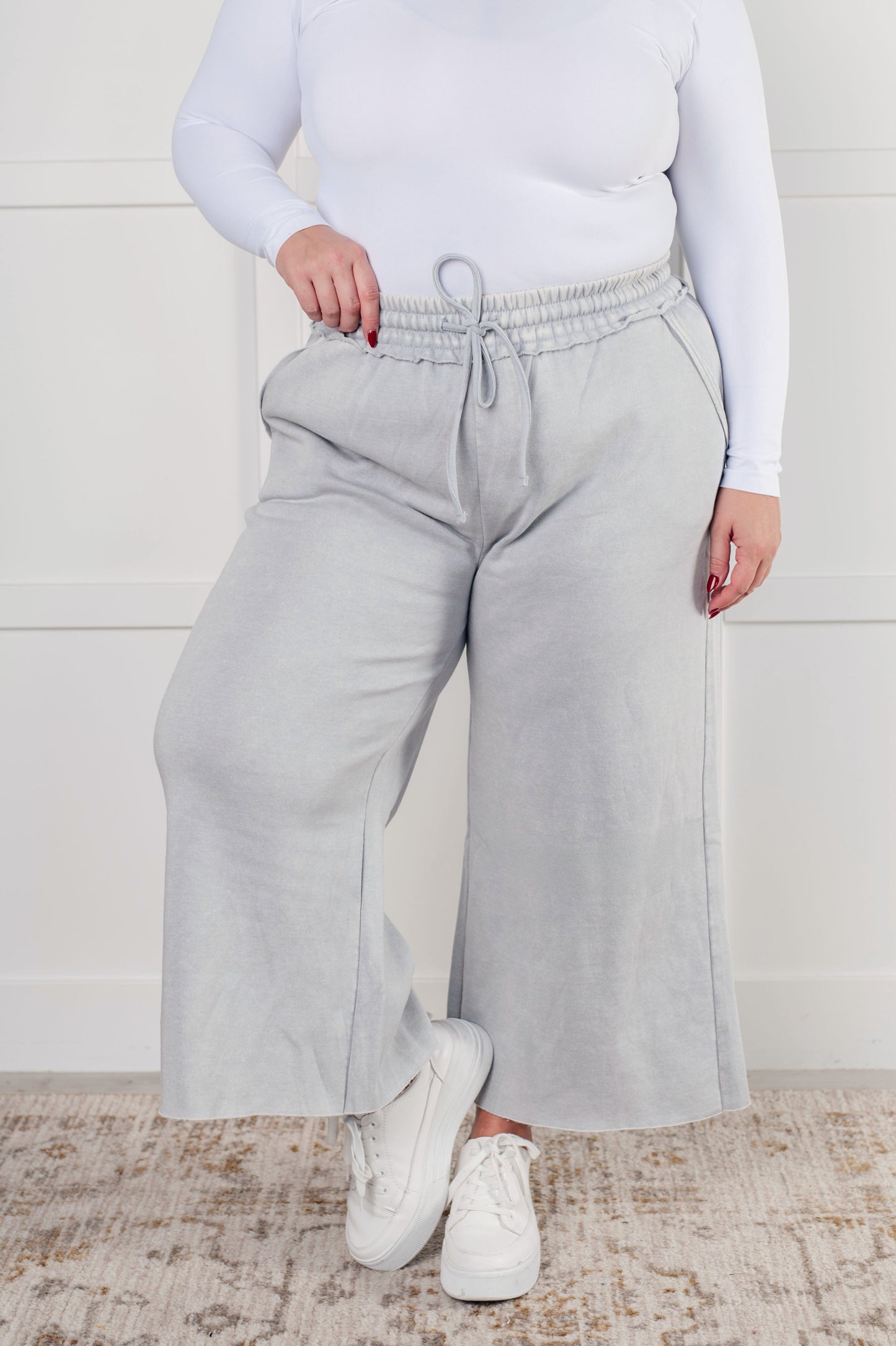 Mineral Wash Wide Leg Cropped Pants, Light Grey