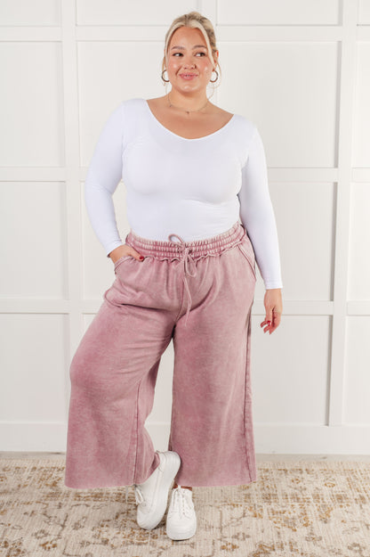 Mineral Wash Wide Leg Cropped Pants, Light Rose