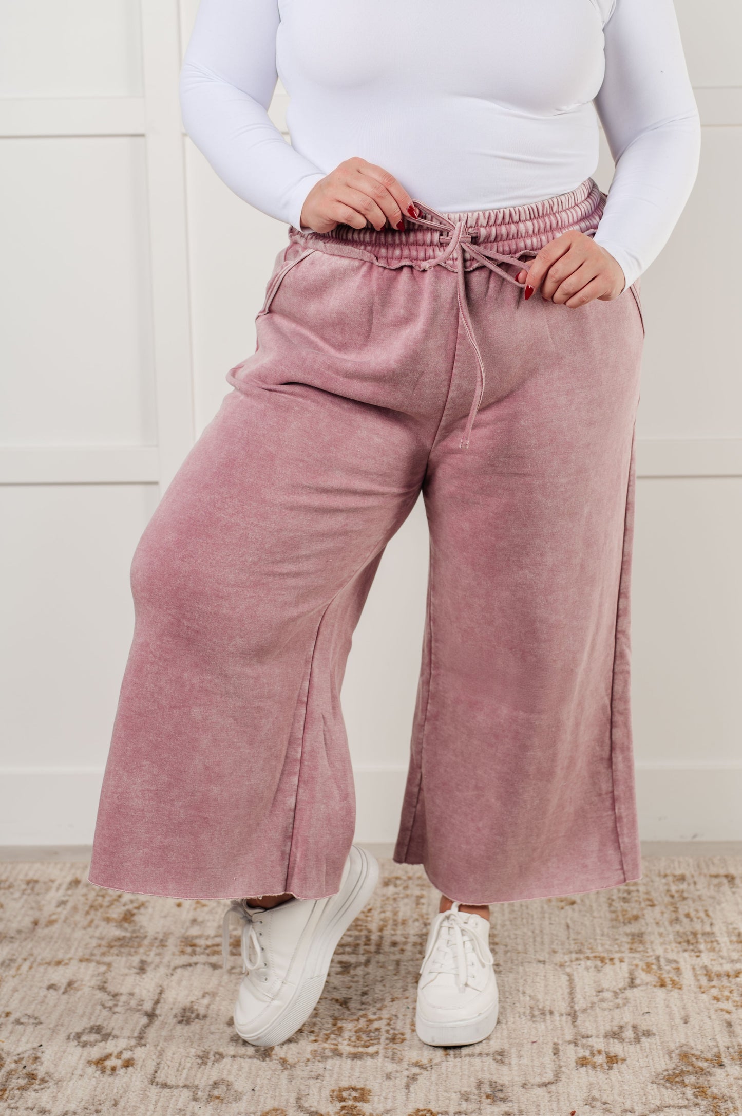 Mineral Wash Wide Leg Cropped Pants, Light Rose