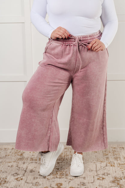 Mineral Wash Wide Leg Cropped Pants, Light Rose