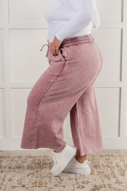 Mineral Wash Wide Leg Cropped Pants, Light Rose