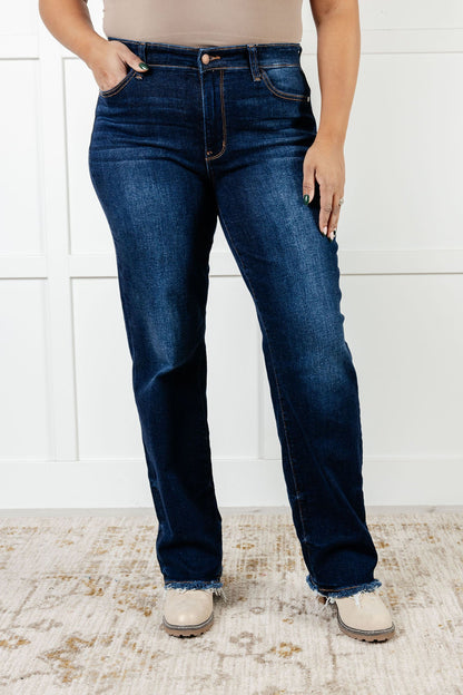 JUDY BLUE Jacqueline Mid Rise Frayed Hem Straight Leg Jeans