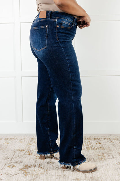 JUDY BLUE Jacqueline Mid Rise Frayed Hem Straight Leg Jeans