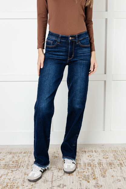 JUDY BLUE Jacqueline Mid Rise Frayed Hem Straight Leg Jeans