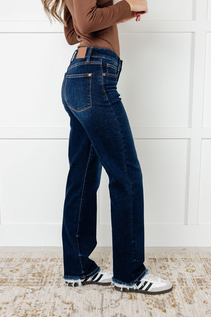 JUDY BLUE Jacqueline Mid Rise Frayed Hem Straight Leg Jeans