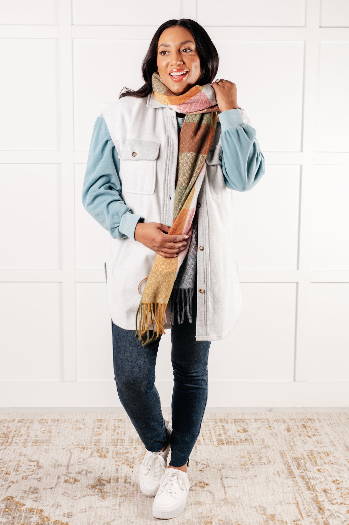 Keep Me Cozy Checkered Fringe Scarf, Pine & Petals