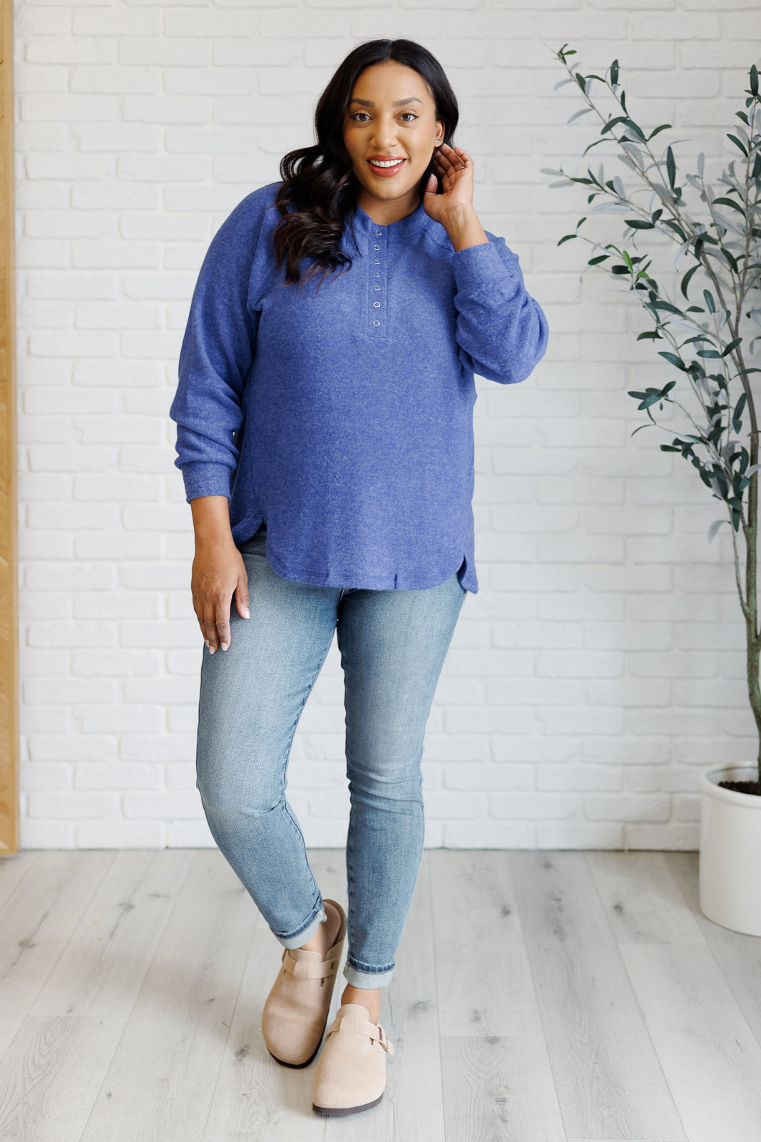 Keeping It Real Brushed Hacci Long Sleeve Top, Blue