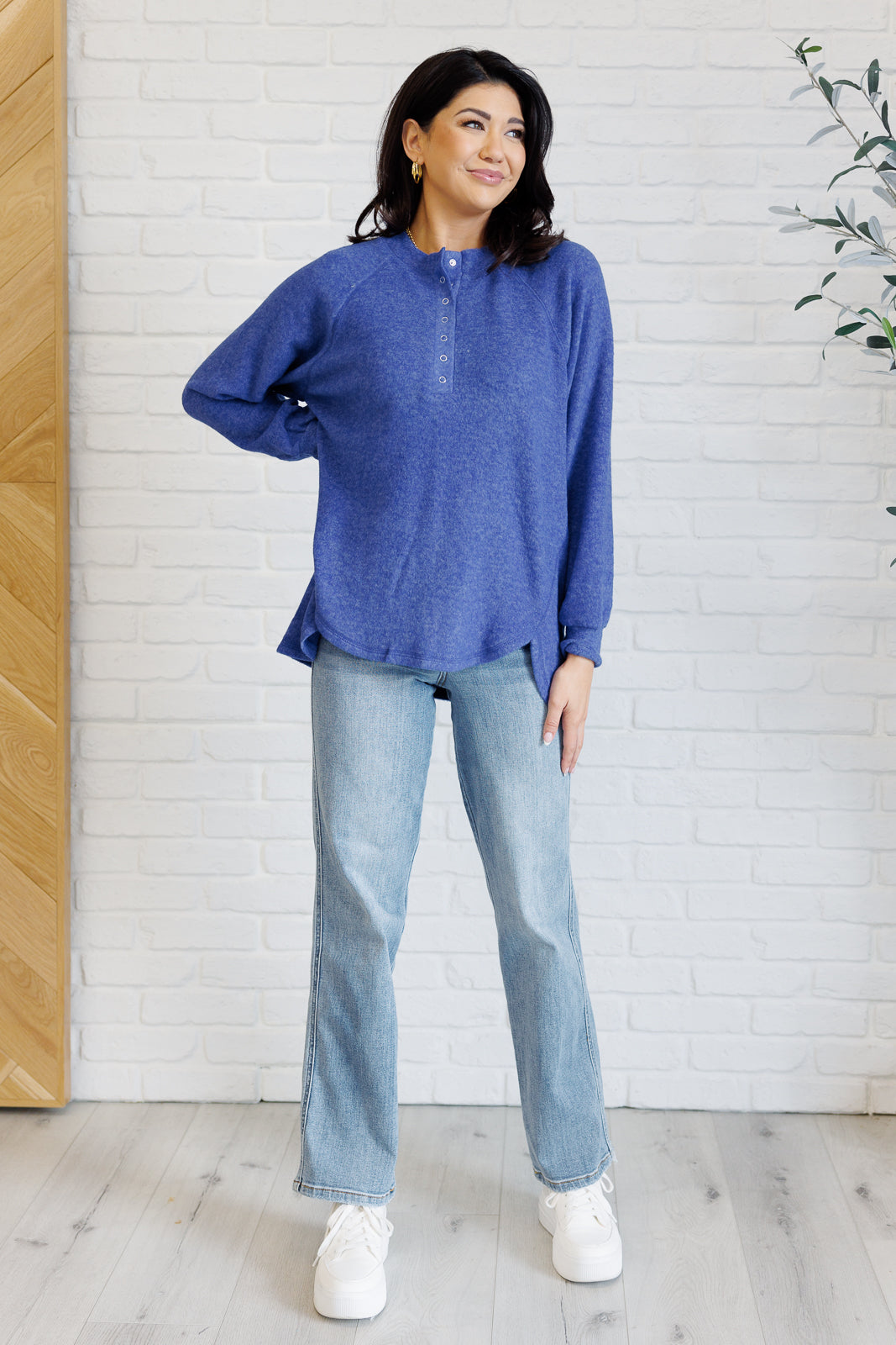 Keeping It Real Brushed Hacci Long Sleeve Top, Blue