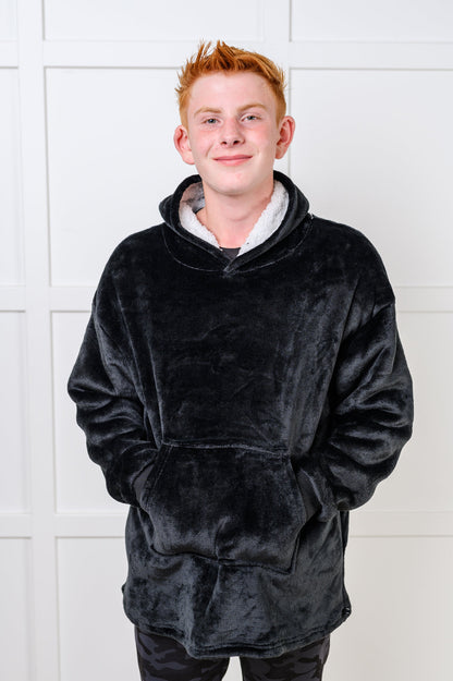 KIDS Oversized Velour Blanket Hoodie, Black