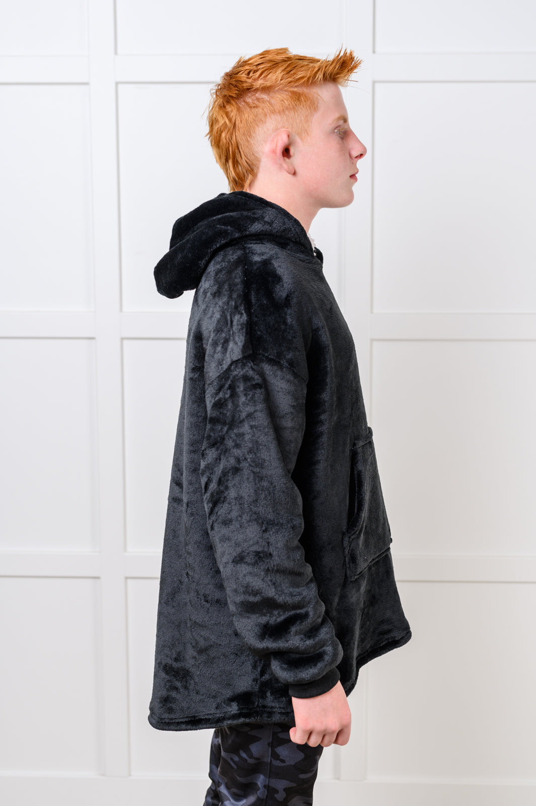 KIDS Oversized Velour Blanket Hoodie, Black