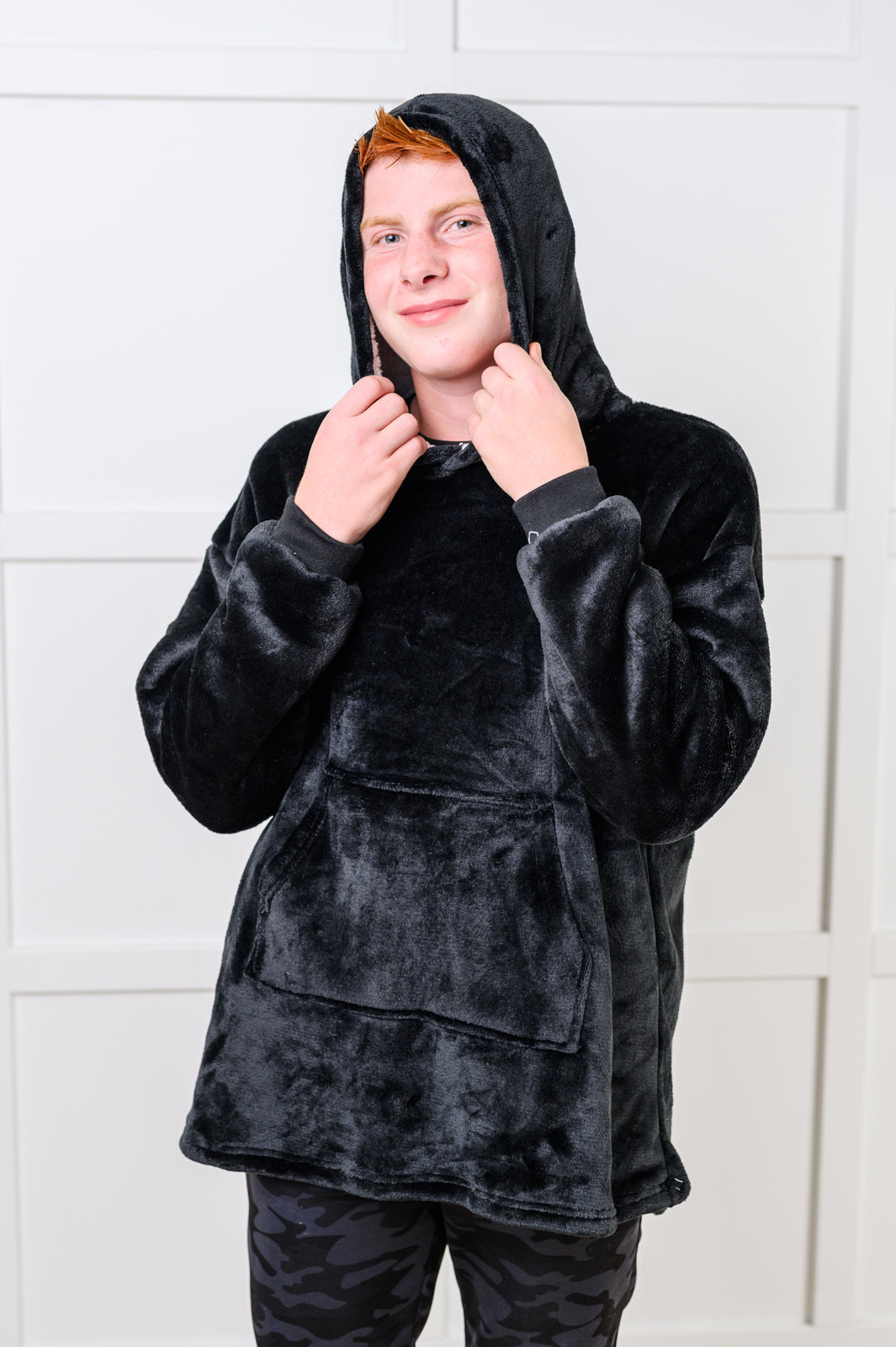 KIDS Oversized Velour Blanket Hoodie, Black