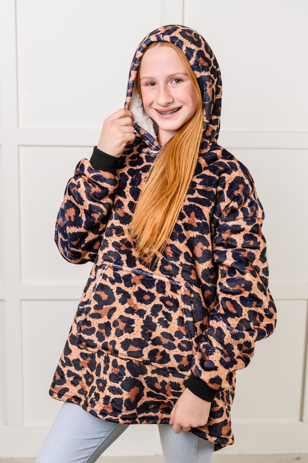 KIDS Oversized Velour Blanket Hoodie, Leopard