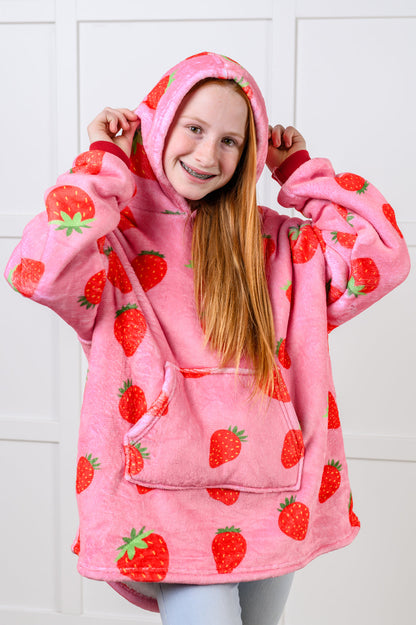 KIDS Oversized Velour Blanket Hoodie, Strawberry