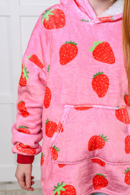 KIDS Oversized Velour Blanket Hoodie, Strawberry