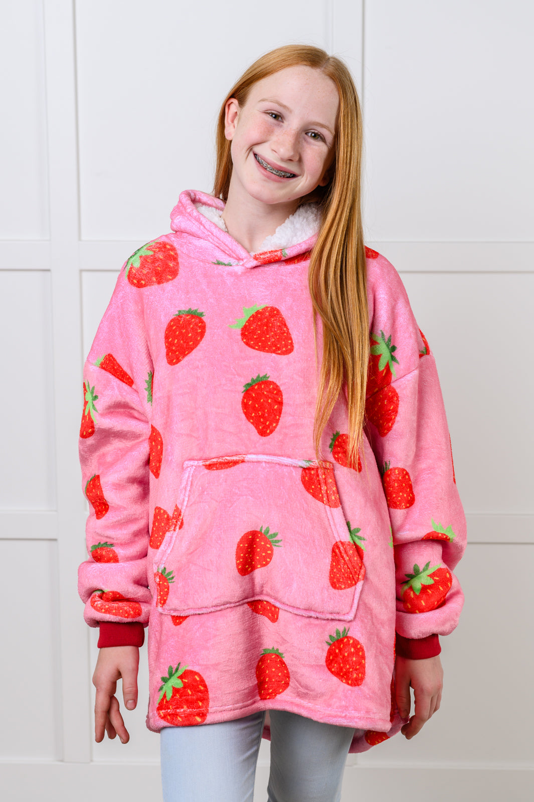 KIDS Oversized Velour Blanket Hoodie, Strawberry