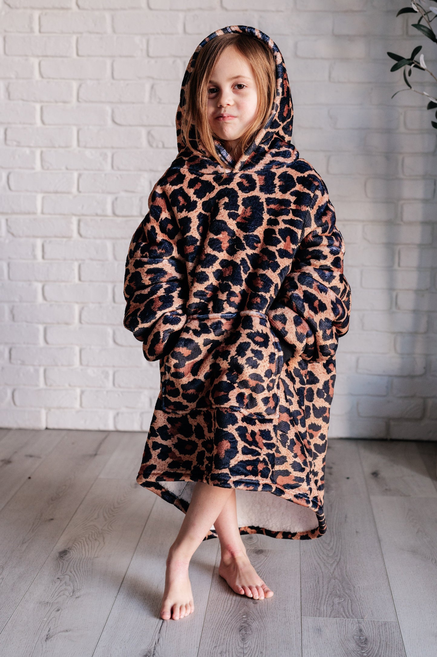 KIDS Oversized Velour Blanket Hoodie, Leopard