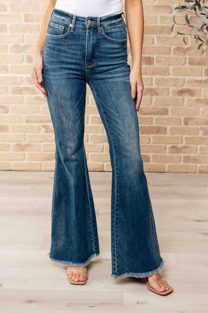 JUDY BLUE Miley High Rise Tummy Control Frayed Hem Flare Jeans