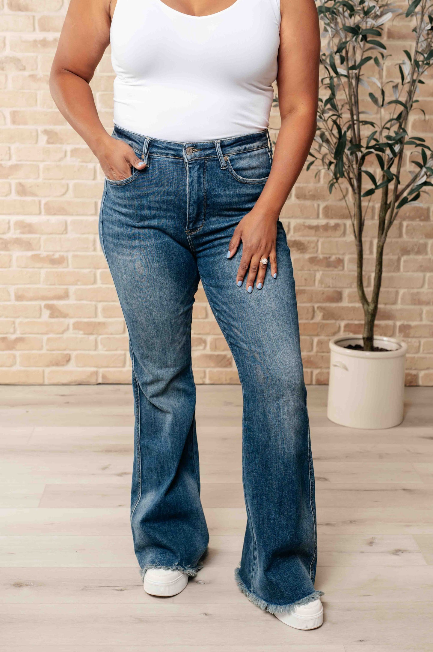 JUDY BLUE Miley High Rise Tummy Control Frayed Hem Flare Jeans