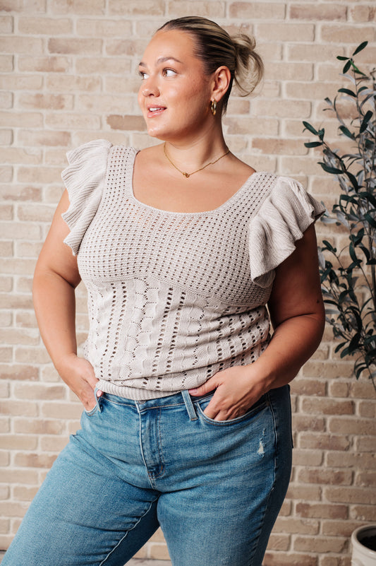 Elle Pointelle Flutter Sleeve Sweater Top