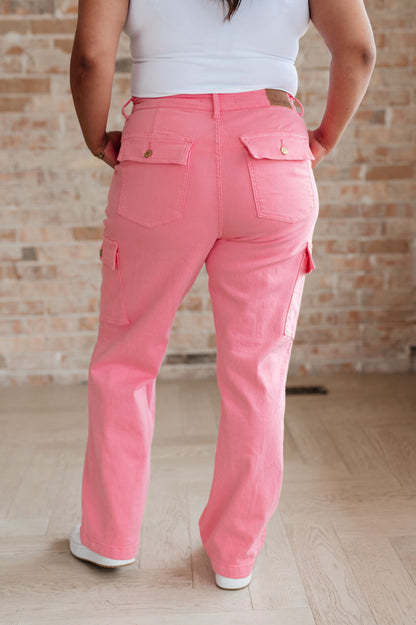 JUDY BLUE Peggy High Rise Cargo Straight Jeans, Pink