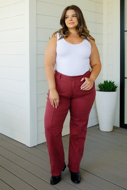 JUDY BLUE Phoebe High Rise Front Seam Straight Jeans, Burgundy