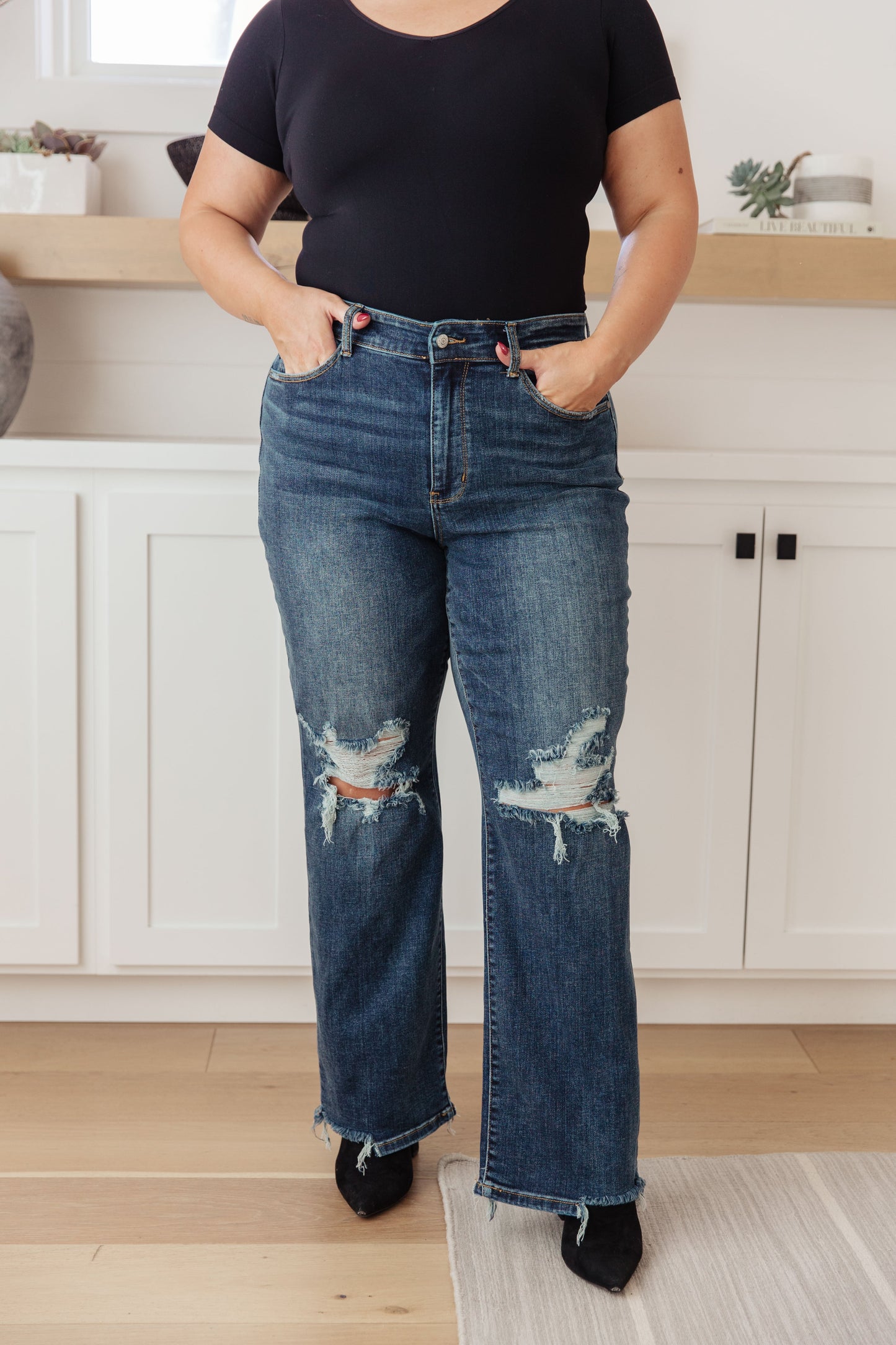 JUDY BLUE Rose High Rise 90's Straight Jeans, Dark Wash