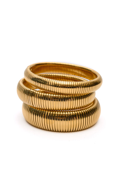 Set of 3 Ribbed Bangle Bracelets, Gold