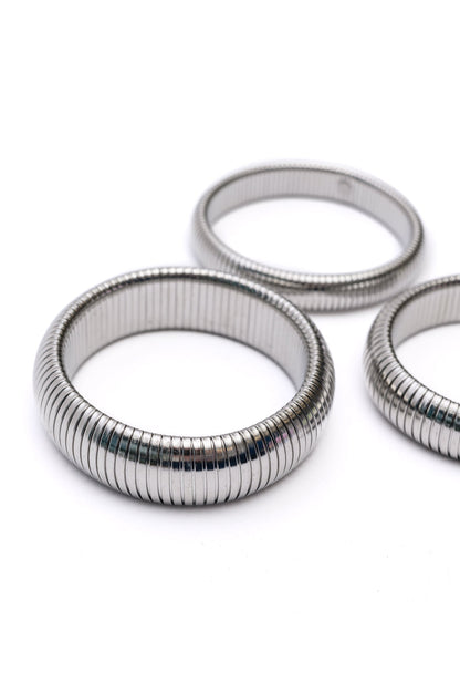 Set of 3 Ribbed Bangle Bracelets, Silver