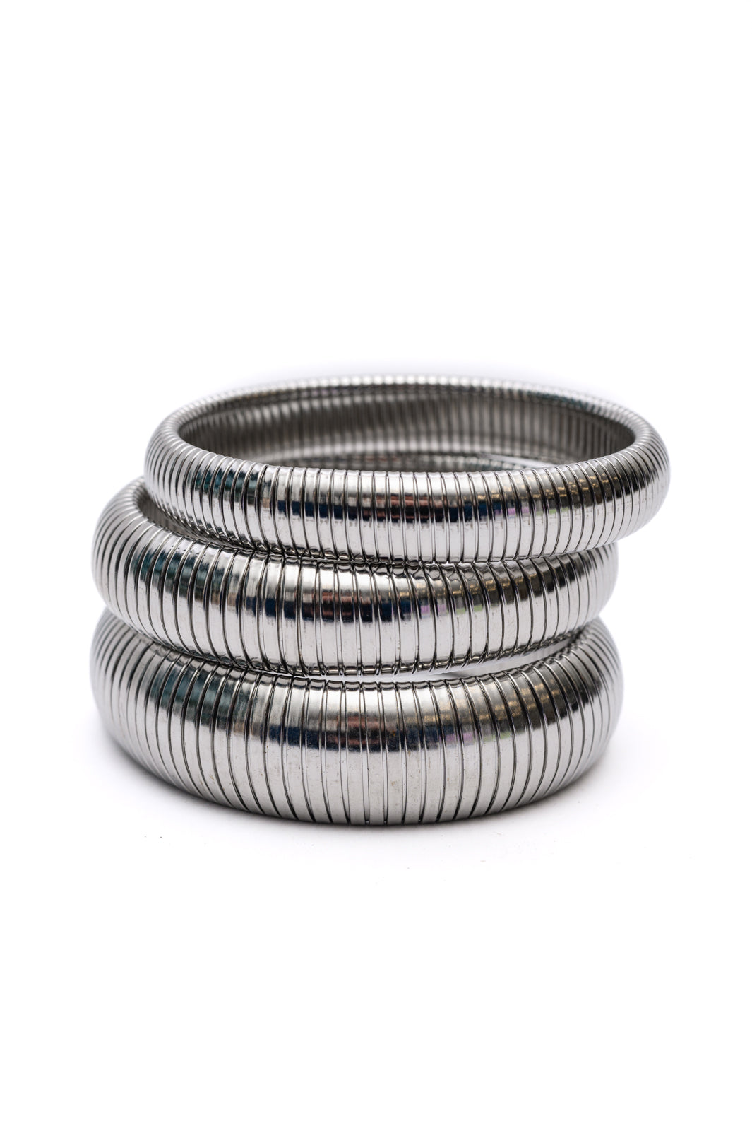 Set of 3 Ribbed Bangle Bracelets, Silver