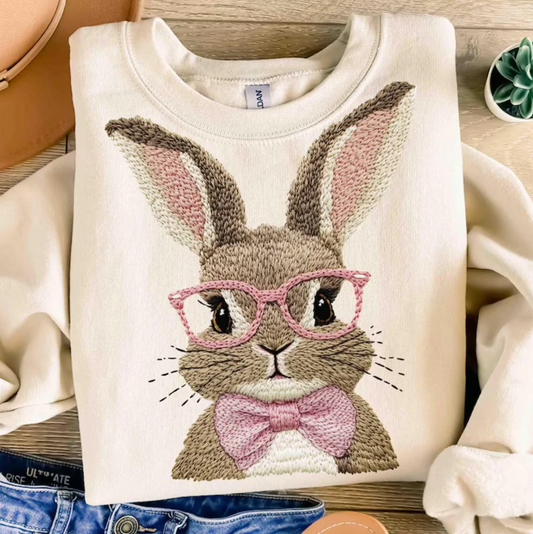 Faux Embroidered Bunny Tee or Sweatshirt (Ships in ~2 Weeks)