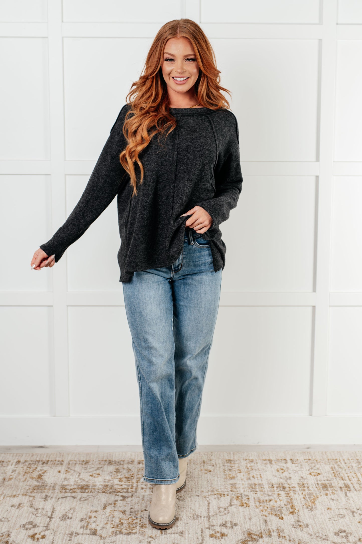 Simple Silhouette Brushed Hacci Sweater, Black