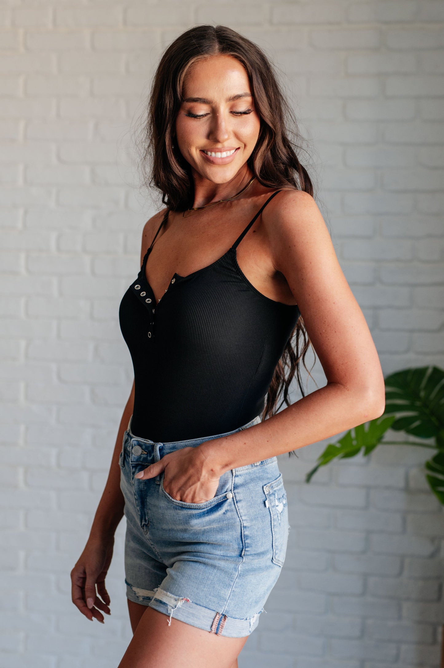 Noir Spaghetti Strap Henley Bodysuit