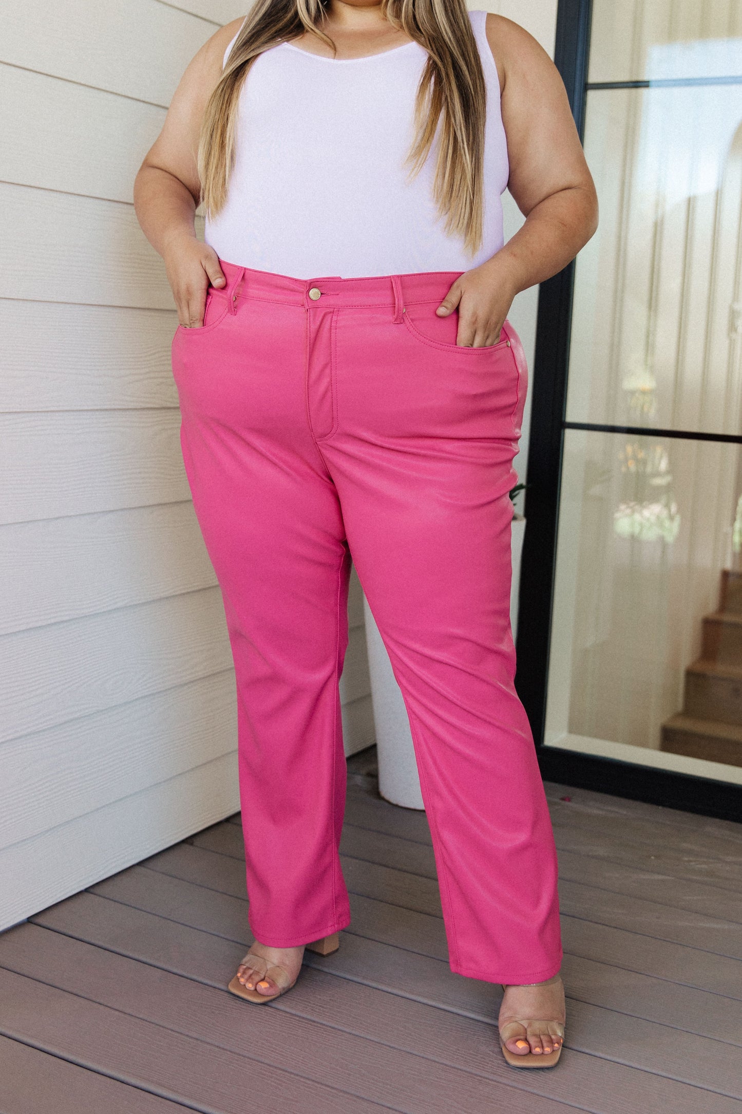 JUDY BLUE Tummy Control Faux Leather Pants, Hot Pink