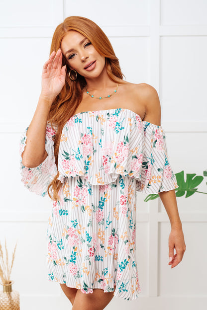 Sonora Off Shoulder Floral Stripe Mini Dress