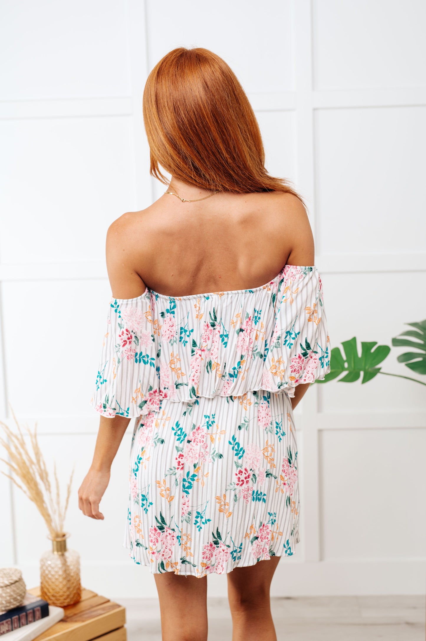Sonora Off Shoulder Floral Stripe Mini Dress