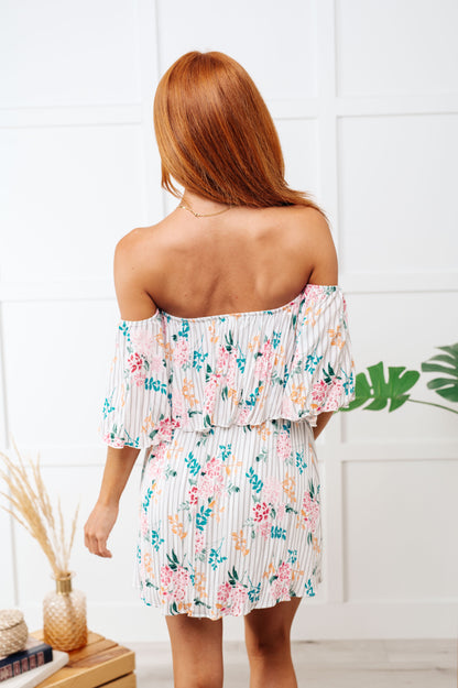 Sonora Off Shoulder Floral Stripe Mini Dress