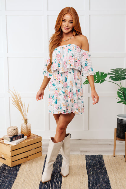 Sonora Off Shoulder Floral Stripe Mini Dress