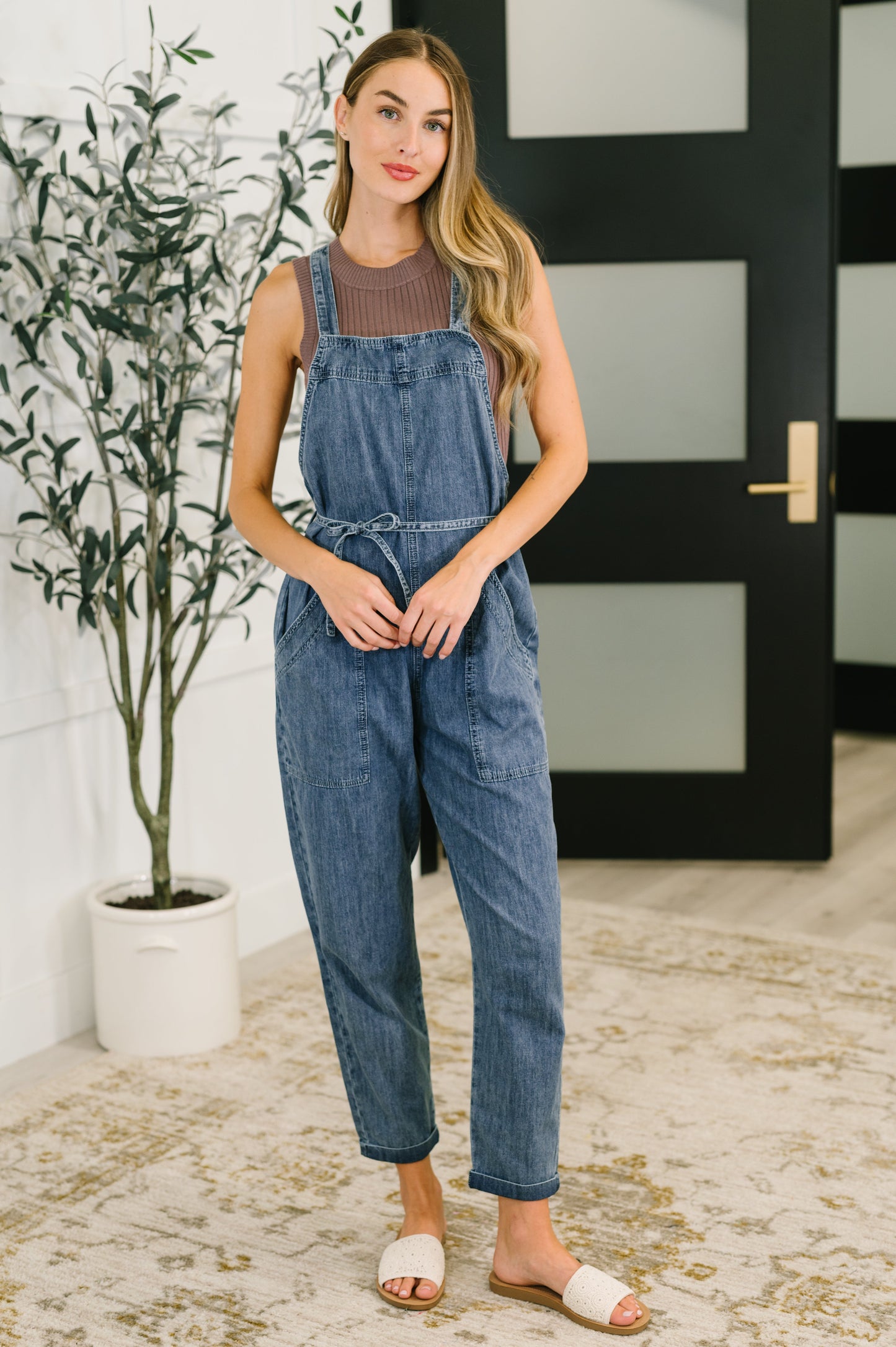 Too Cute Tie Waist Chambray Denim Jumpsuit