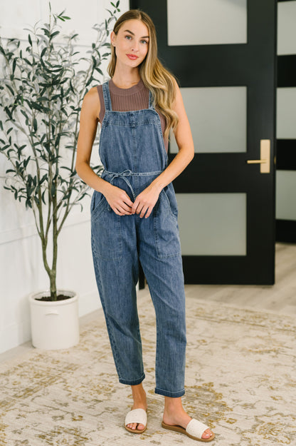 Too Cute Tie Waist Chambray Denim Jumpsuit