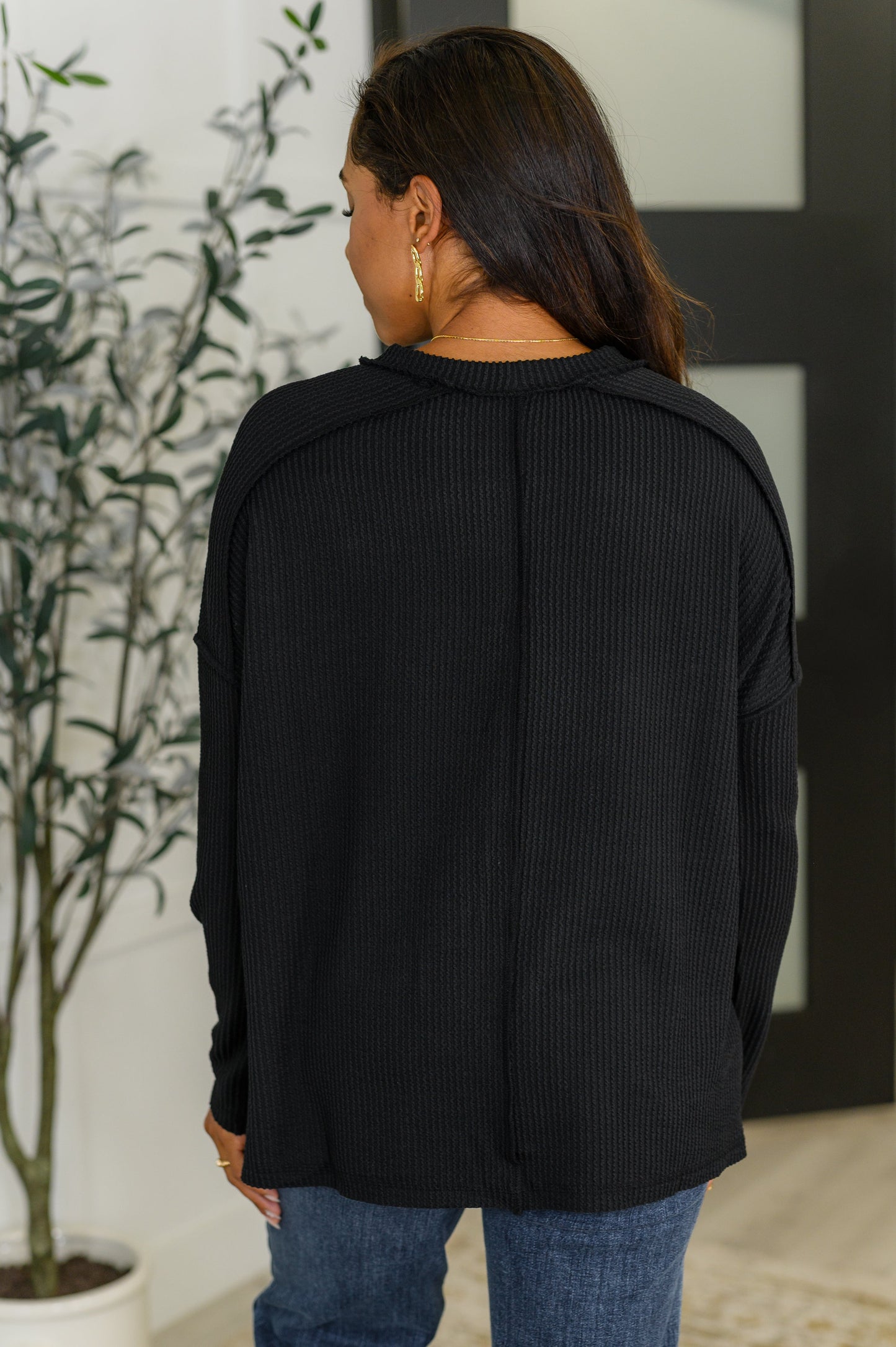 Lane Ribbed Knit Long Sleeve Top, Black