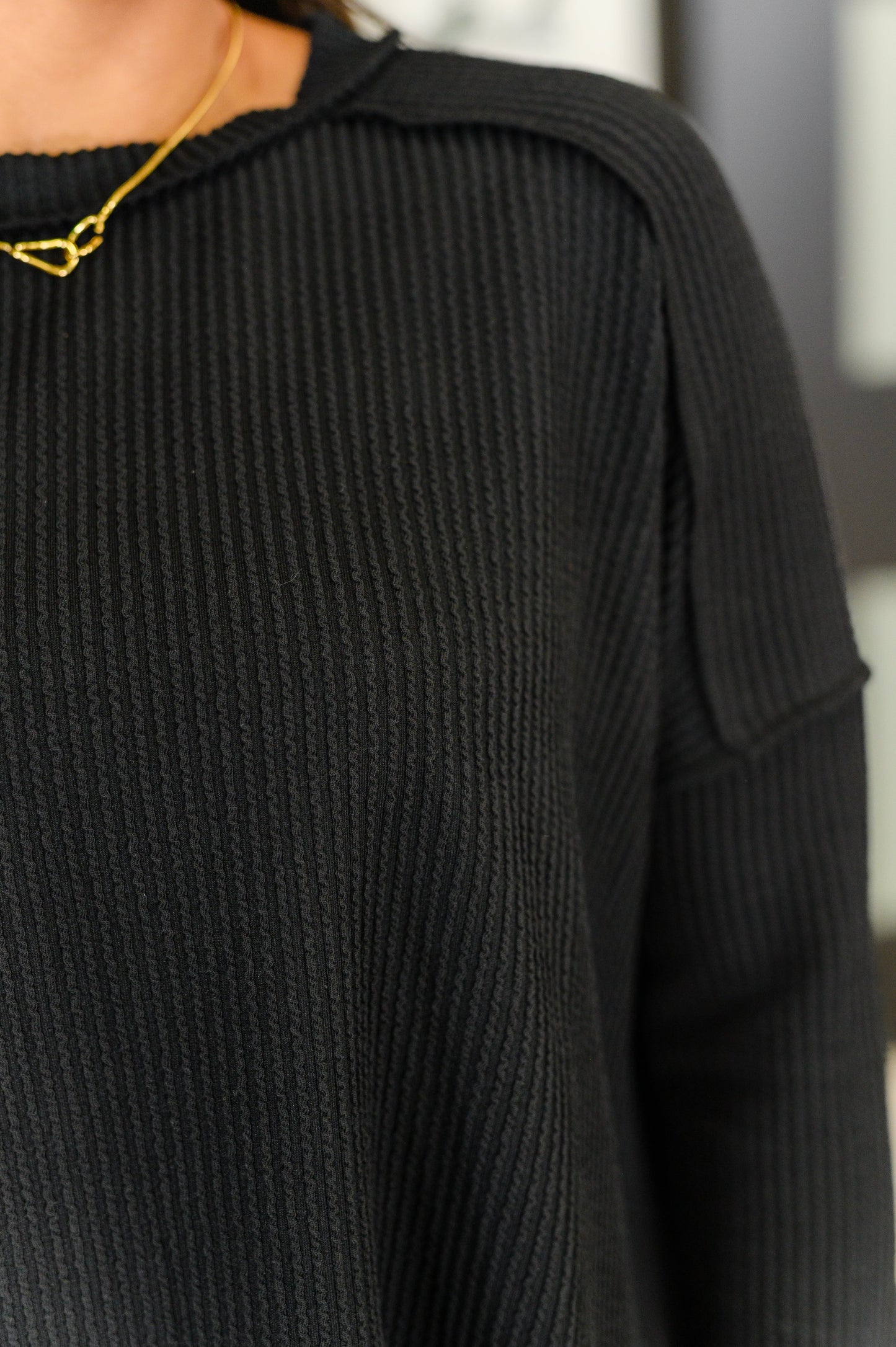 Lane Ribbed Knit Long Sleeve Top, Black